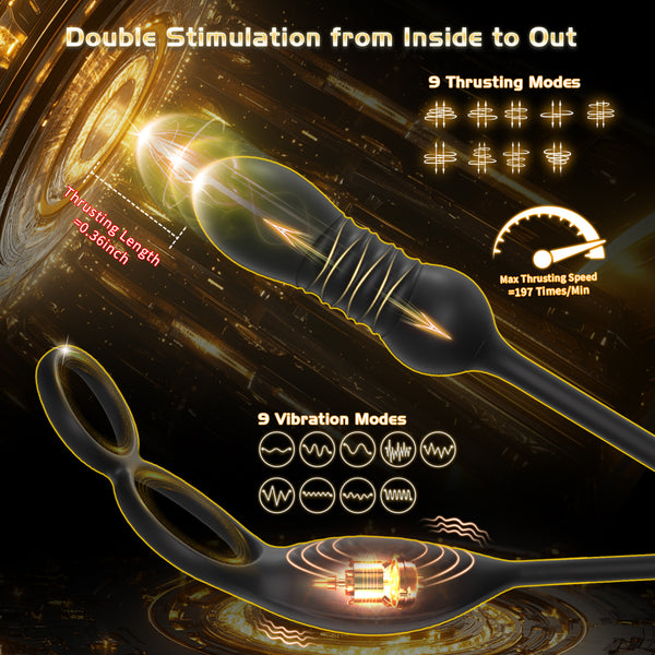 Thrusting Prostate Massager Anal Sex Toy with Vibrating Cock Ring Taint Testicle Stimulator, Remote Control APP Anal Butt Plug Dildo, Penis Ring Vibrator for Men, HNNPY Couples Male Adult Sex Toys