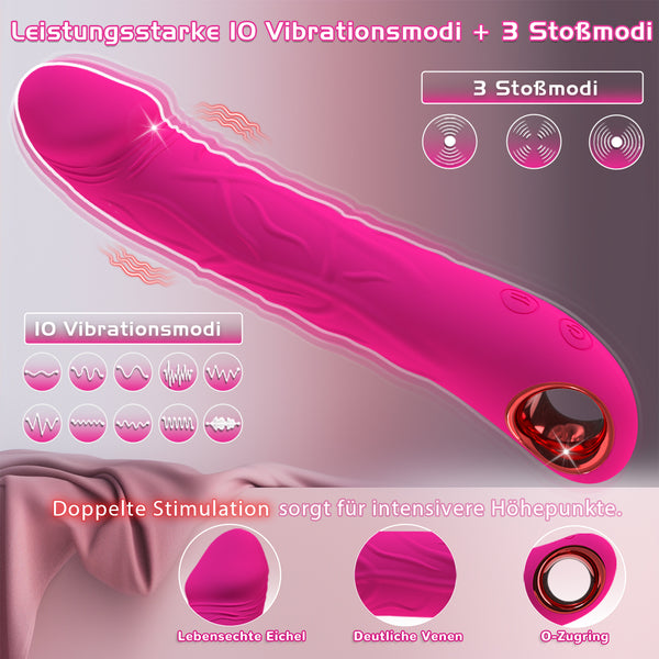 Dildo Vibrator Stoßfunktion, 2 in 1 G Punkt Vibration für Frauen, Sex Spielzeug für die Frau Paare Extrem, Realistischer Silikon Anal Dildo, Budoli Erotisches Sexspielzeug 10 Vibrationen & 3 Stöße