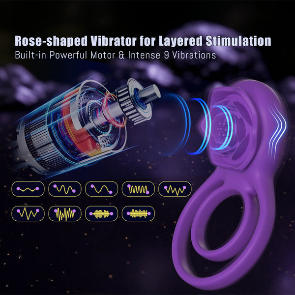 Vibrating Cock Ring with Rose Clitoral Stimulator, Pleasure Penis Ring Vibrator Couples Adult Sex Toys for Men Women, 7 Vibrations Male Couple Sex Toy Clitoris Vibrator, Cock Rings Vibrators for Men