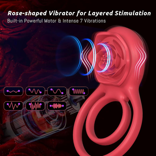 Vibrating Cock Ring with Rose Clitoral Stimulator, Pleasure Penis Ring Vibrator Couples Adult Sex Toys for Men Women, 7 Vibrations Male Couple Sex Toy, Light Rose