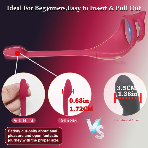 Vibrating Penis Ring Taint Stimulator with Mini Bullet, Remote Control Wearable Vibrator Anal Plugs Couples Sex Toys, Small Anal Trainer Silicone Butt Plug with Cock Rings, Anal Beads Sex Toy (Red)