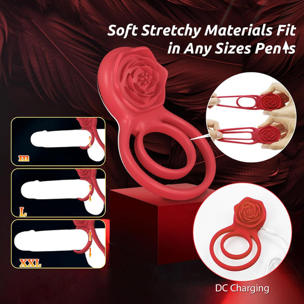 Vibrating Cock Ring with Rose Clitoral Stimulator, Pleasure Penis Ring Vibrator Couples Adult Sex Toys for Men Women, 7 Vibrations Male Couple Sex Toy, Light Rose