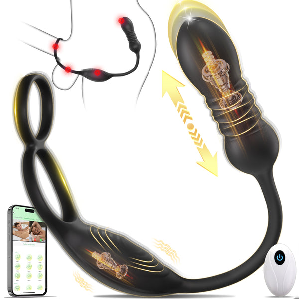 Thrusting Prostate Massager Anal Sex Toy with Vibrating Cock Ring Taint Testicle Stimulator, Remote Control APP Anal Butt Plug Dildo, Penis Ring Vibrator for Men, HNNPY Couples Male Adult Sex Toys